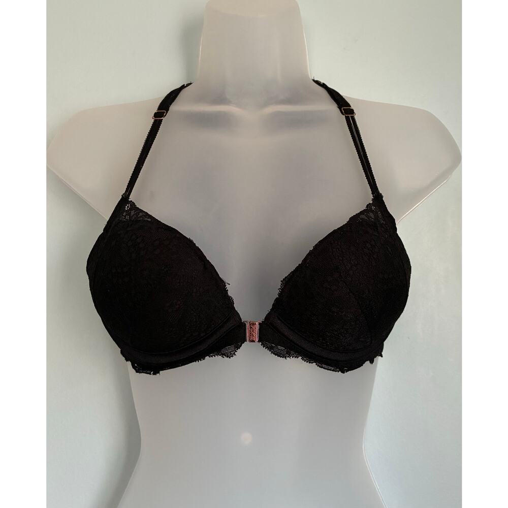 Victoria's Secret PINK Bra Pushup Front Closure Black Lace 32B